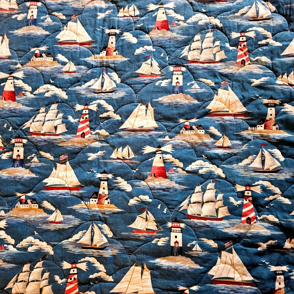 Vintage Nautical Quilted Throw Sailboats Lighthouses Coastal Blanket